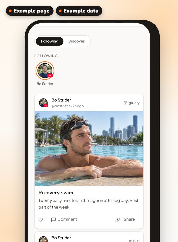 An example follower's feed on a phone, opening on Bo Strider's new post: a photo of him at the pool