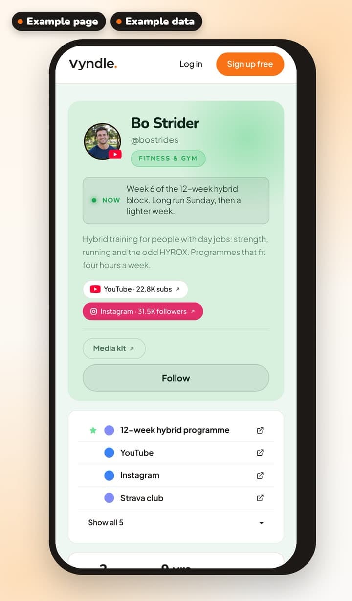 An example creator page on a phone: Bo Strider's photo, bio, YouTube and Instagram follower counts, and links