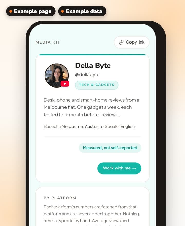 An example media kit on a phone: Della Byte's photo, bio and where she's based, with a Work with me button