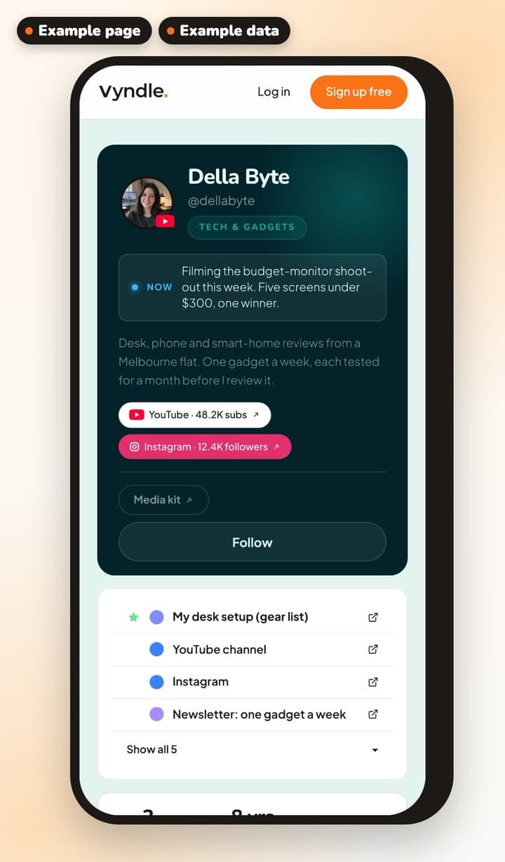 An example creator page on a phone: Della Byte's photo, bio, channels and links