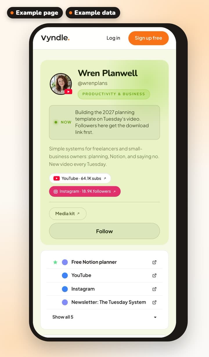 An example creator page on a phone: Wren Planwell's photo, what she's up to now, and her links