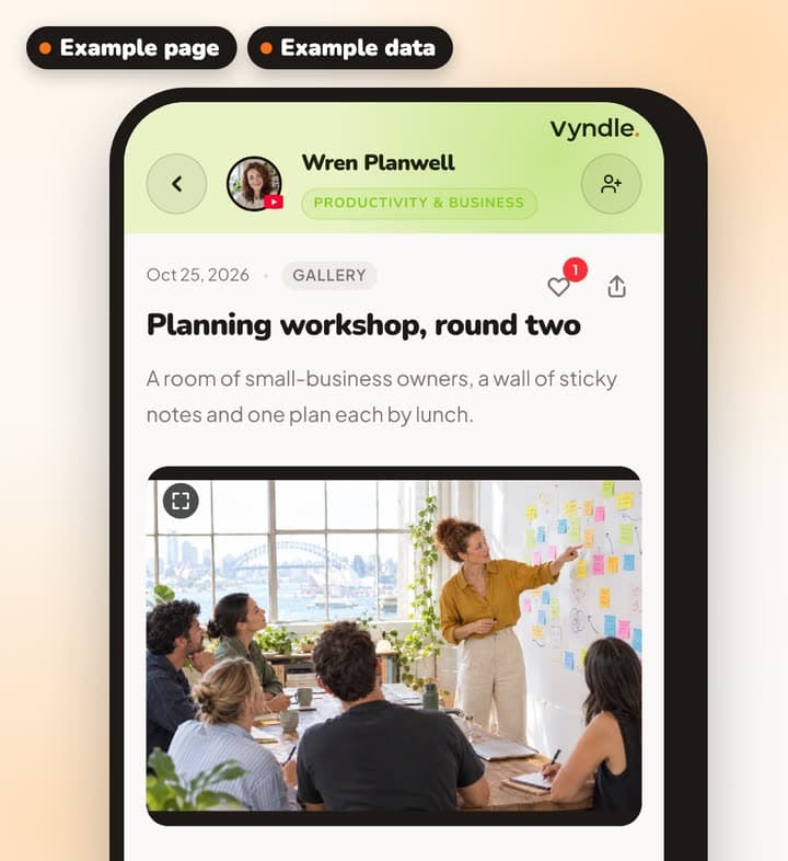 An example photo post on a phone: Wren Planwell running a planning workshop with a wall of sticky notes